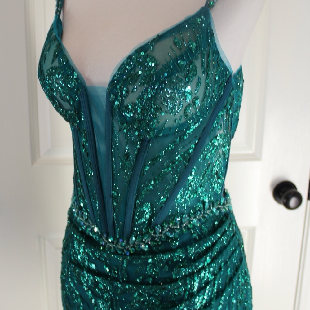 Sparkly Dark Teal Bodycon Corset Short Homecoming Dress With Sequins
Size 6 - Picture 13 of 16